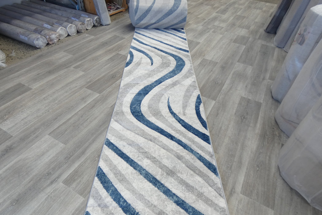 Abstract Metro Graphic Wave Blue & Grey Aroha Runner 80cm Wide x Cut to Order- Rugs Direct 