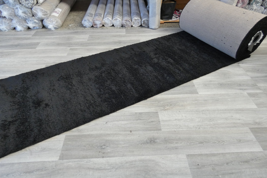 Plush Luxury Solid Black Dream Shaggy Runner 100cm Wide x Cut to Order- Rugs Direct 
