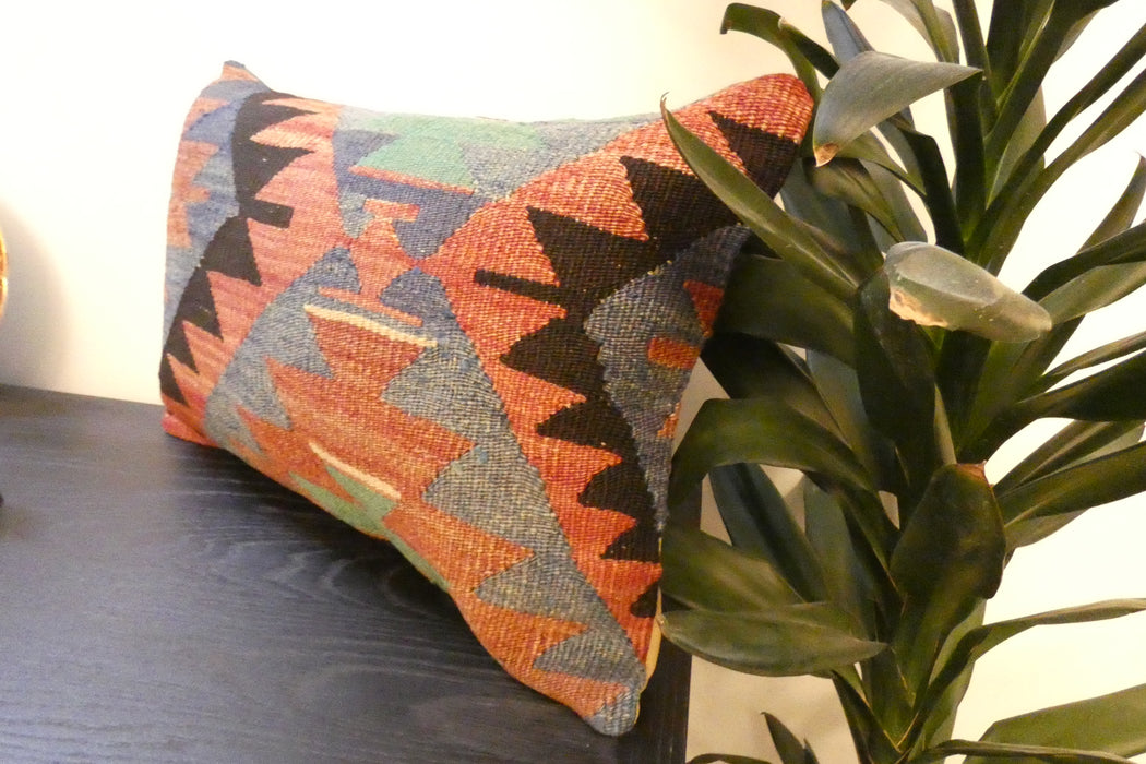 Handmade Anatolian Kilim Cushion Cover with Insert 40 x 60cm | Vintage Turkish Wool Lumbar Pillow | Organic Cotton Back | TK26-C612- Rugs Direct 