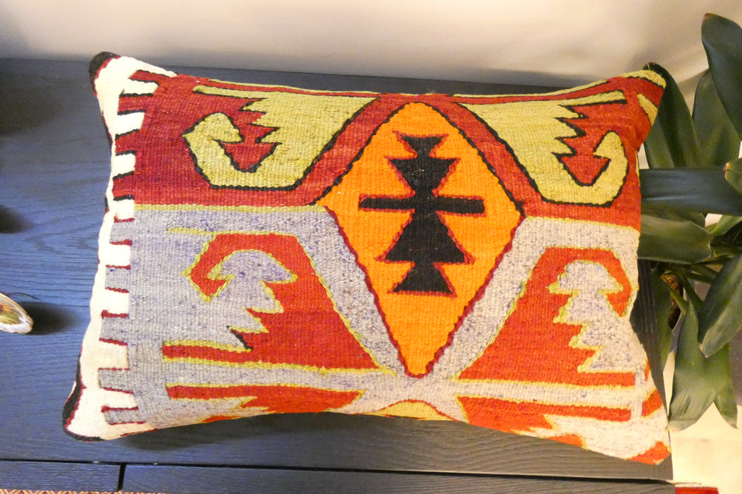 Handmade Anatolian Kilim Cushion Cover with Insert 40 x 60cm | Vintage Turkish Wool Lumbar Pillow | Organic Cotton Back | TK26-C606- Rugs Direct 