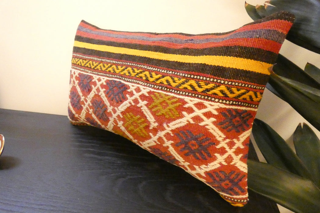 Handmade Turkish Kilim Cushion 30 x 50cm | Vintage Wool Lumbar Cushion with Insert | Organic Cotton Back | TK26-C625- Rugs Direct 