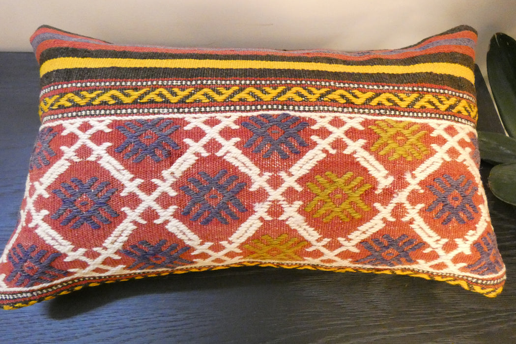 Handmade Turkish Kilim Cushion 30 x 50cm | Vintage Wool Lumbar Cushion with Insert | Organic Cotton Back | TK26-C625- Rugs Direct 