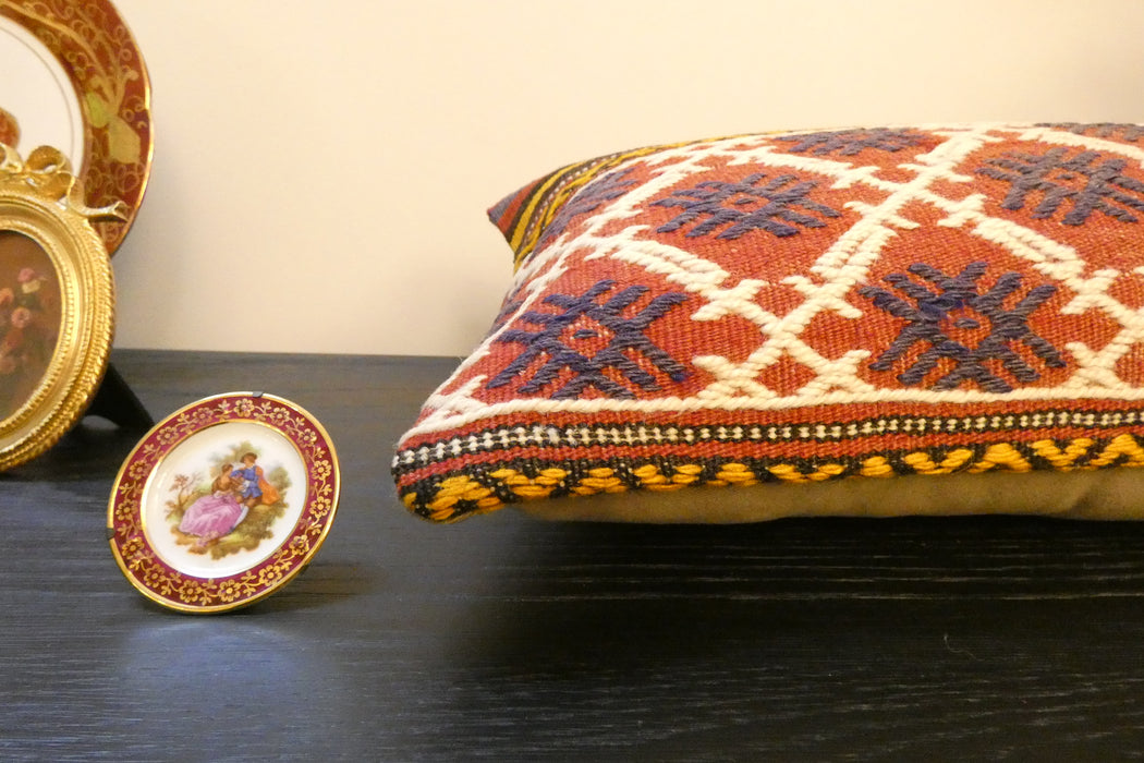 Handmade Turkish Kilim Cushion 30 x 50cm | Vintage Wool Lumbar Cushion with Insert | Organic Cotton Back | TK26-C625- Rugs Direct 