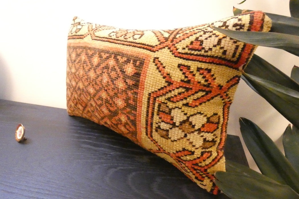 Handmade Turkish Rug Cushion 30 x 50cm | Vintage Wool Lumbar Cushion with Insert | Organic Cotton Back | TK26-C624- Rugs Direct 