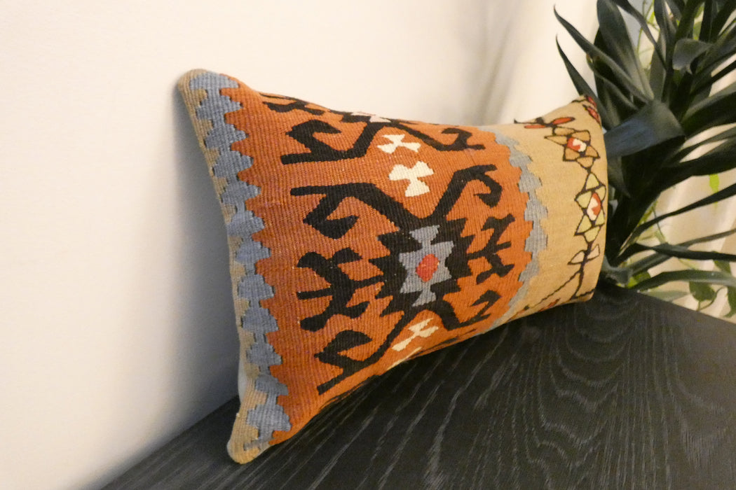 Handmade Turkish Kilim Cushion 30 x 50cm | Vintage Wool Lumbar Cushion with Insert | Organic Cotton Back | TK26-C623- Rugs Direct