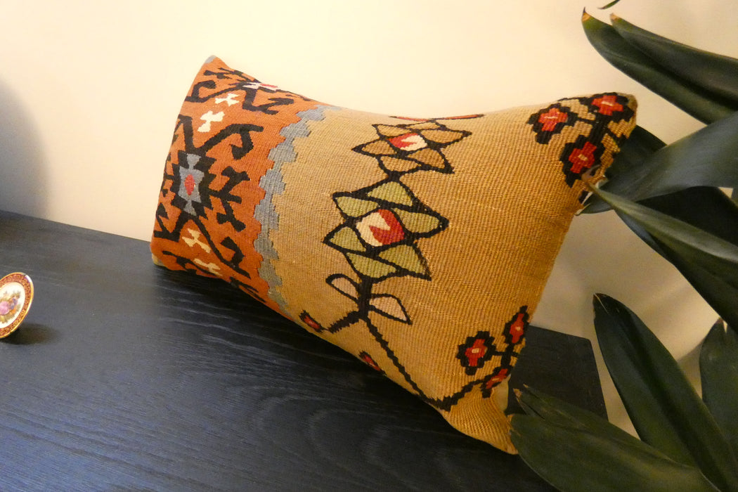 Handmade Turkish Kilim Cushion 30 x 50cm | Vintage Wool Lumbar Cushion with Insert | Organic Cotton Back | TK26-C623- Rugs Direct