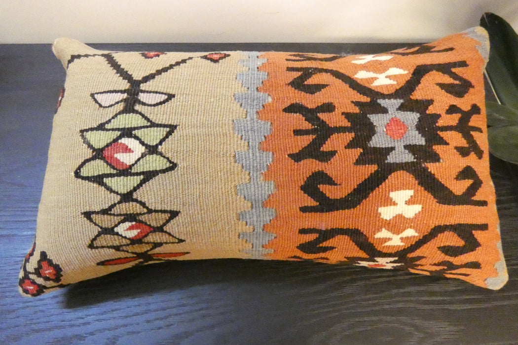 Handmade Turkish Kilim Cushion 30 x 50cm | Vintage Wool Lumbar Cushion with Insert | Organic Cotton Back | TK26-C623- Rugs Direct