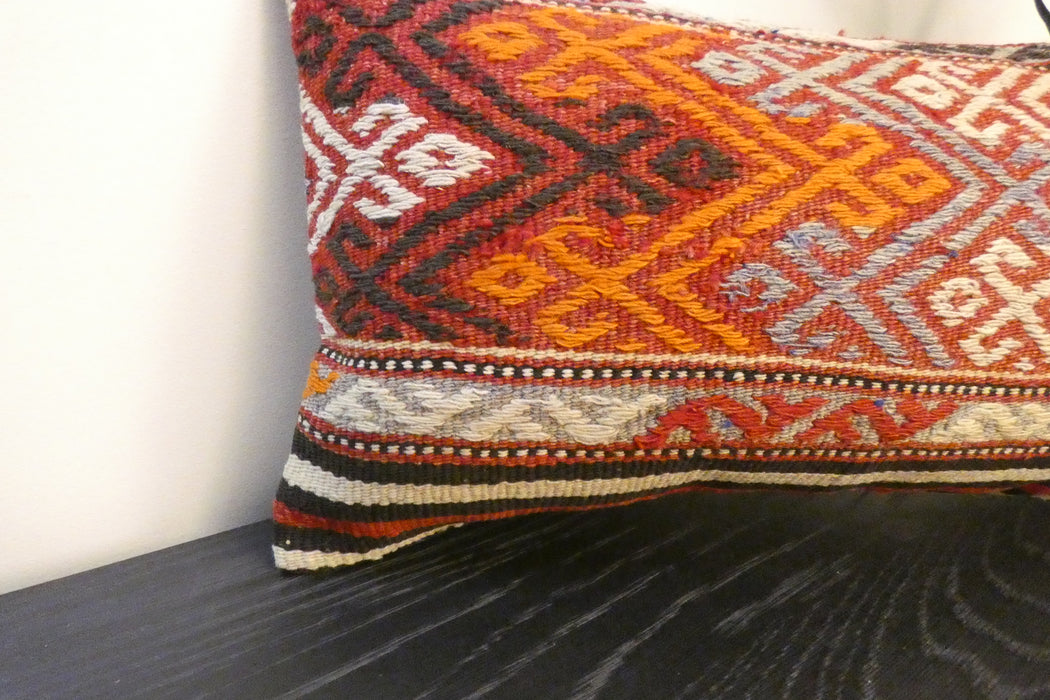 Handmade Turkish Kilim Cushion 30 x 50cm | Vintage Wool Lumbar Cushion with Insert | Organic Cotton Back | TK26-C618- Rugs Direct 