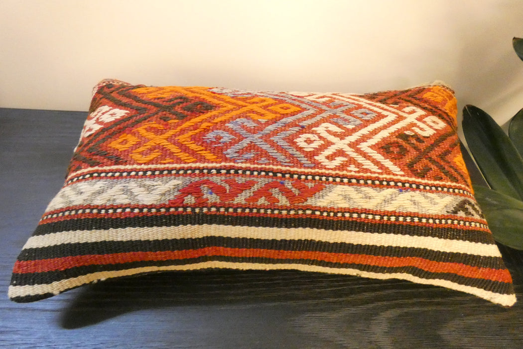 Handmade Turkish Kilim Cushion 30 x 50cm | Vintage Wool Lumbar Cushion with Insert | Organic Cotton Back | TK26-C618- Rugs Direct 