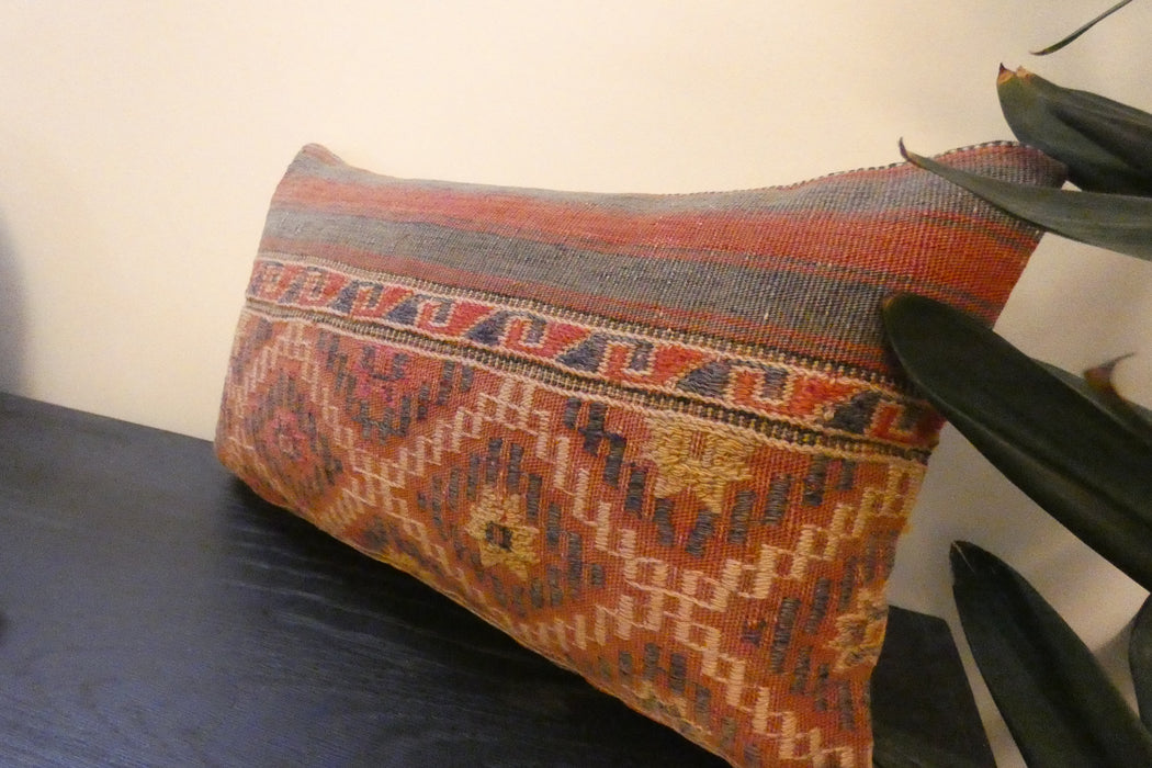 Handmade Turkish Kilim Cushion 30 x 50cm | Vintage Wool Lumbar Cushion with Insert | Organic Cotton Back | TK26-C617- Rugs Direct 