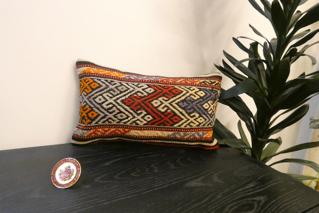 Handmade Turkish Kilim Cushion 30 x 50cm | Vintage Wool Lumbar Cushion with Insert | Organic Cotton Back | TK26-C621- Rugs Direct 