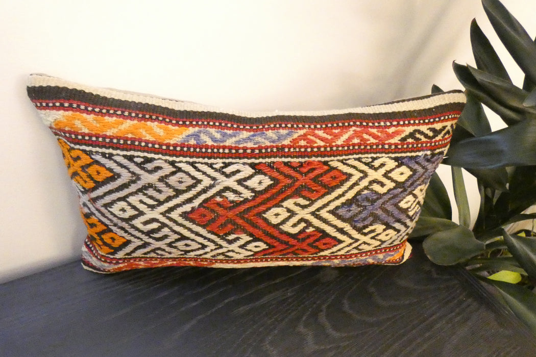 Handmade Turkish Kilim Cushion 30 x 50cm | Vintage Wool Lumbar Cushion with Insert | Organic Cotton Back | TK26-C621- Rugs Direct 