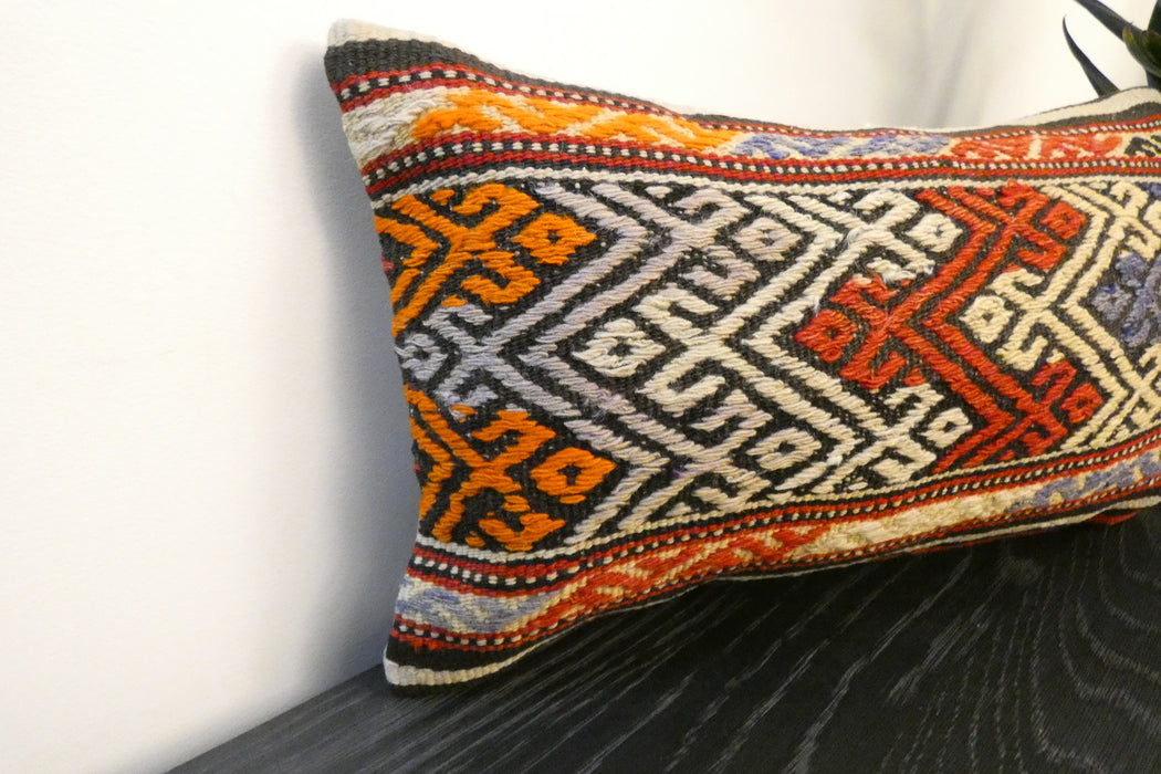 Handmade Turkish Kilim Cushion 30 x 50cm | Vintage Wool Lumbar Cushion with Insert | Organic Cotton Back | TK26-C621- Rugs Direct 