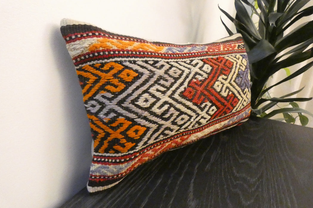 Handmade Turkish Kilim Cushion 30 x 50cm | Vintage Wool Lumbar Cushion with Insert | Organic Cotton Back | TK26-C621- Rugs Direct 