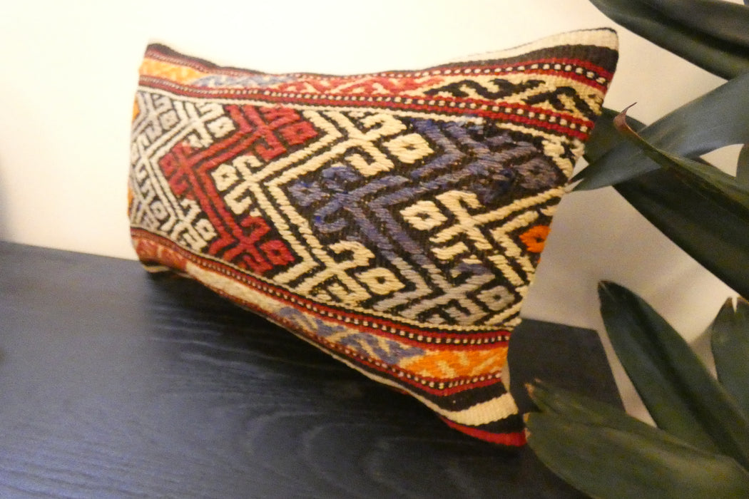 Handmade Turkish Kilim Cushion 30 x 50cm | Vintage Wool Lumbar Cushion with Insert | Organic Cotton Back | TK26-C621- Rugs Direct 