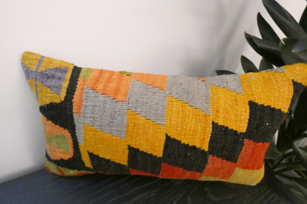 Handmade Turkish Kilim Cushion 30 x 50cm | Vintage Wool Lumbar Cushion with Insert | Organic Cotton Back | TK26-C968- Rugs Direct 