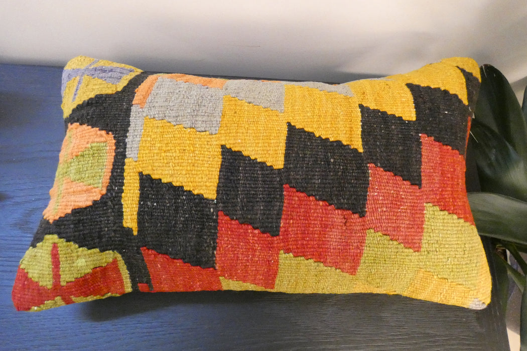 Handmade Turkish Kilim Cushion 30 x 50cm | Vintage Wool Lumbar Cushion with Insert | Organic Cotton Back | TK26-C968- Rugs Direct 