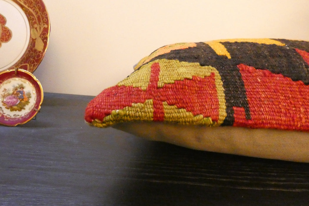 Handmade Turkish Kilim Cushion 30 x 50cm | Vintage Wool Lumbar Cushion with Insert | Organic Cotton Back | TK26-C968- Rugs Direct 
