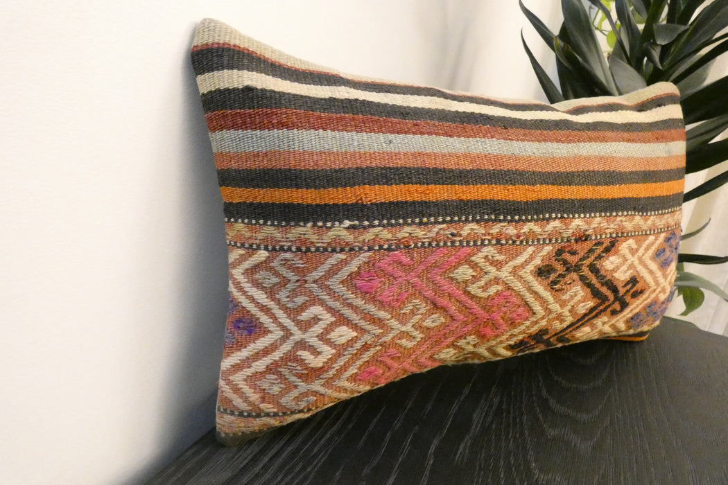 Handmade Turkish Kilim Cushion 30 x 50cm | Vintage Wool Lumbar Cushion with Insert | Organic Cotton Back | TK26-C962- Rugs Direct 