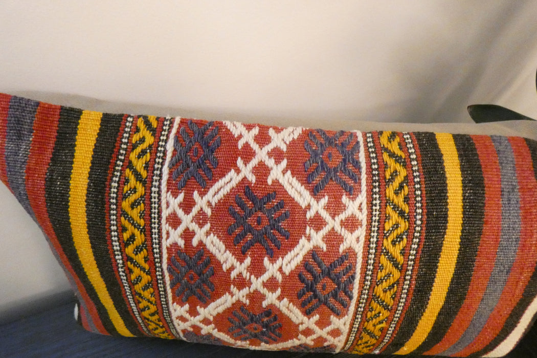Handmade Turkish Kilim Cushion 30 x 50cm | Vintage Wool Lumbar Cushion with Insert | Organic Cotton Back | TK26-C951- Rugs Direct 