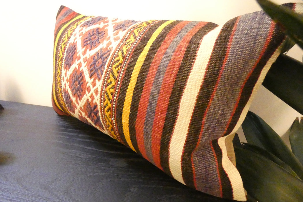 Handmade Turkish Kilim Cushion 30 x 50cm | Vintage Wool Lumbar Cushion with Insert | Organic Cotton Back | TK26-C951- Rugs Direct 