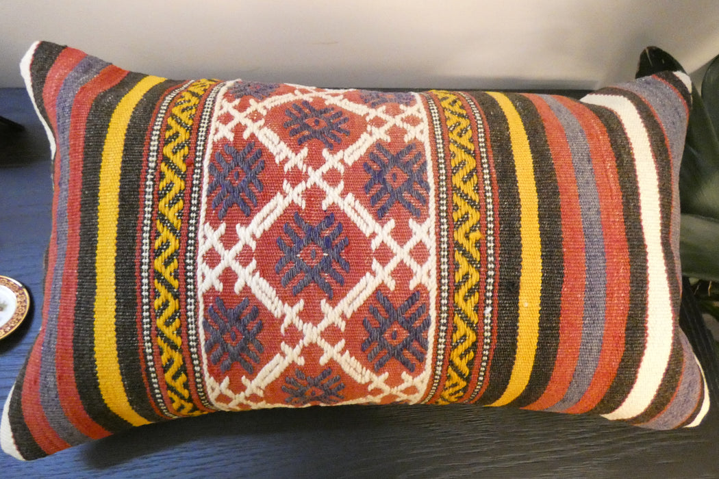 Handmade Turkish Kilim Cushion 30 x 50cm | Vintage Wool Lumbar Cushion with Insert | Organic Cotton Back | TK26-C951- Rugs Direct 