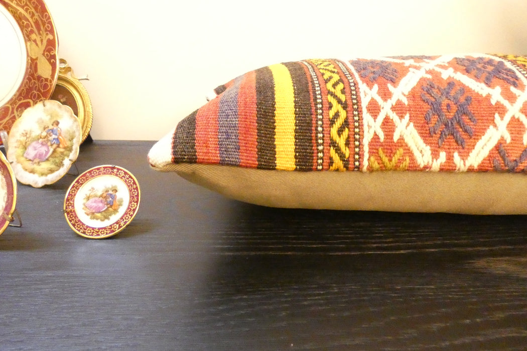Handmade Turkish Kilim Cushion 30 x 50cm | Vintage Wool Lumbar Cushion with Insert | Organic Cotton Back | TK26-C951- Rugs Direct 