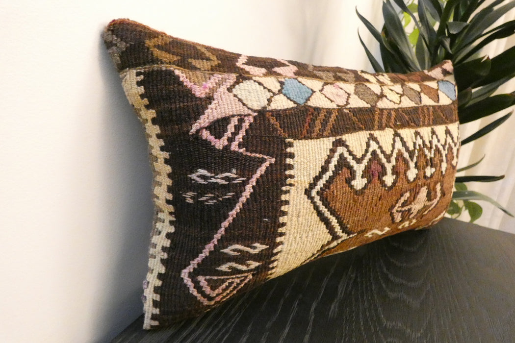 Handmade Turkish Kilim Cushion 30 x 50cm, Vintage Wool Lumbar Cushion with Insert , Organic Cotton Back- Rugs Direct New Zealand 