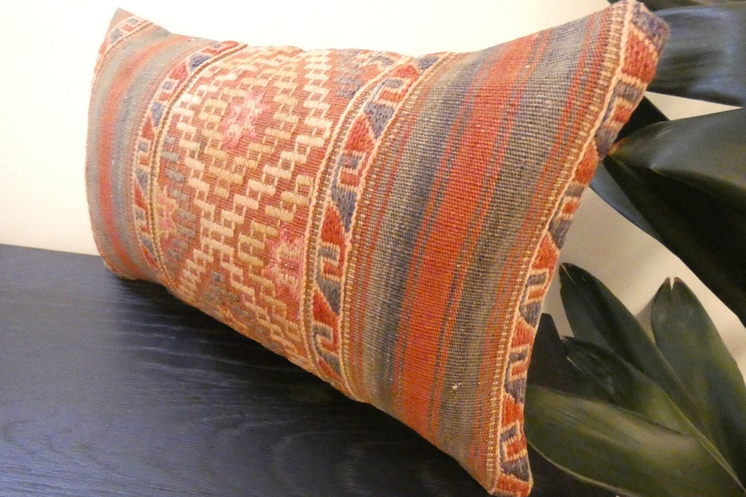 Handmade Turkish Kilim Cushion 30 x 50cm, Vintage Wool Lumbar Cushion with Insert, Organic Cotton Back- Rugs Direct New Zealand 