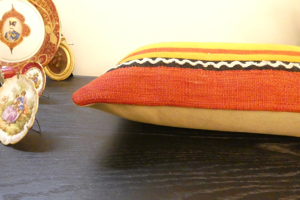 Handmade Turkish Kilim Cushion 30 x 50cm, Vintage Wool Lumbar Cushion with Insert, Organic Cotton Back- Rugs Direct New Zealand 