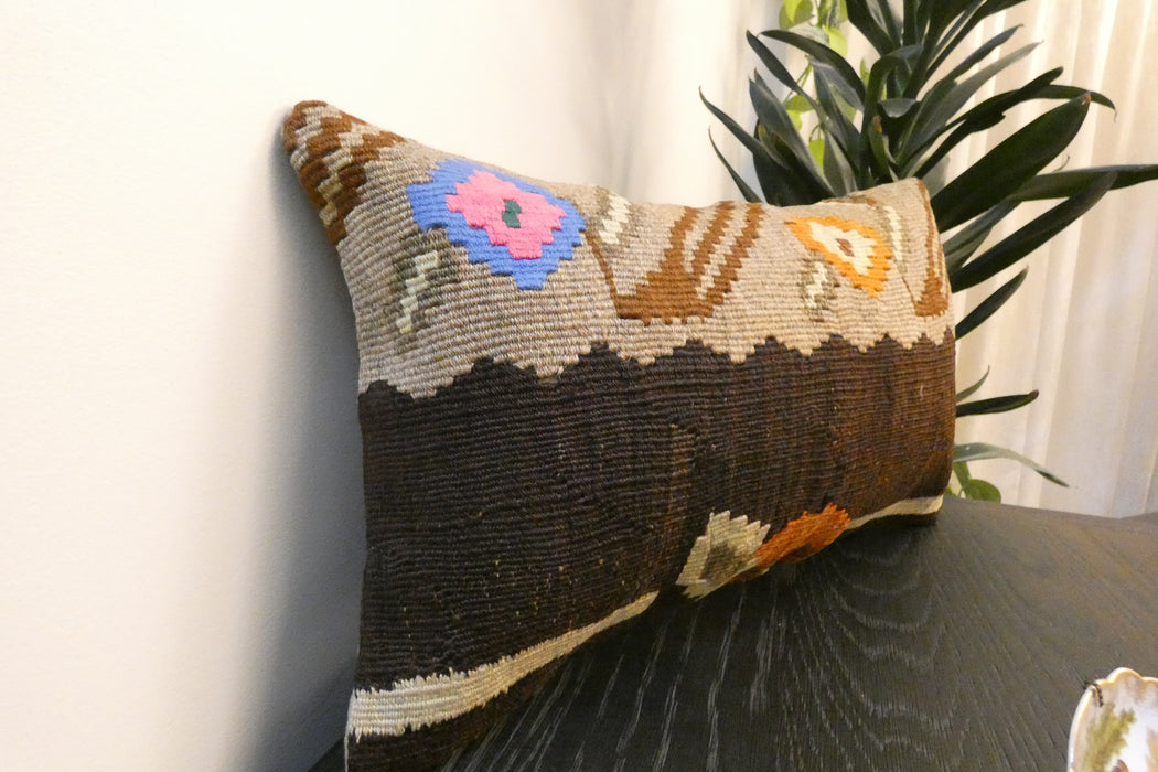 Handmade Turkish Kilim Cushion 30 x 50cm, Vintage Wool Lumbar Cushion with Insert , Organic Cotton Back- Rugs Direct New Zealand 