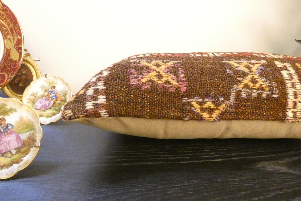 Handmade Turkish Kilim Cushion 30 x 50cm,, Vintage Wool Lumbar Cushion with Insert, Organic Cotton Back- Rugs Direct New Zealand 
