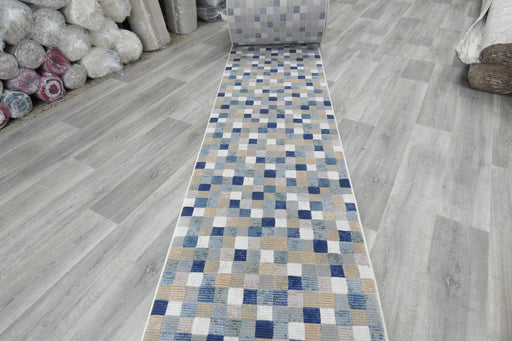 Modern Blue & Taupe Mosaic Tile Runner Argentum Hallway Runner Size: 80cm Wide x Cut to Order (63339-6121)- Rugs Direct 