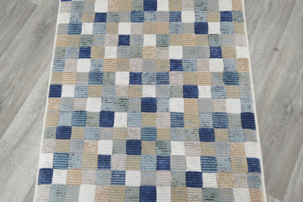 Modern Blue & Taupe Mosaic Tile Runner Argentum Hallway Runner Size: 80cm Wide x Cut to Order (63339-6121)- Rugs Direct 
