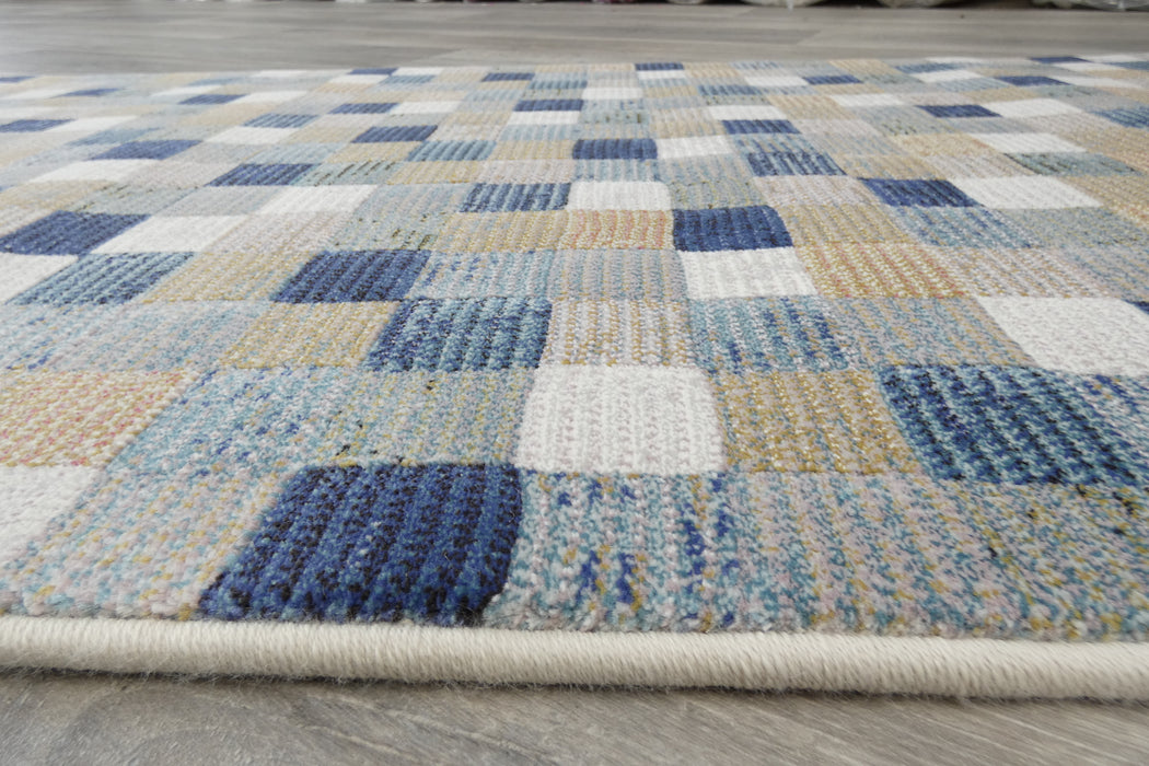 Modern Blue & Taupe Mosaic Tile Runner Argentum Hallway Runner Size: 80cm Wide x Cut to Order (63339-6121)- Rugs Direct 