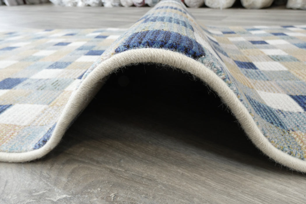 Modern Blue & Taupe Mosaic Tile Runner Argentum Hallway Runner Size: 80cm Wide x Cut to Order (63339-6121)- Rugs Direct 