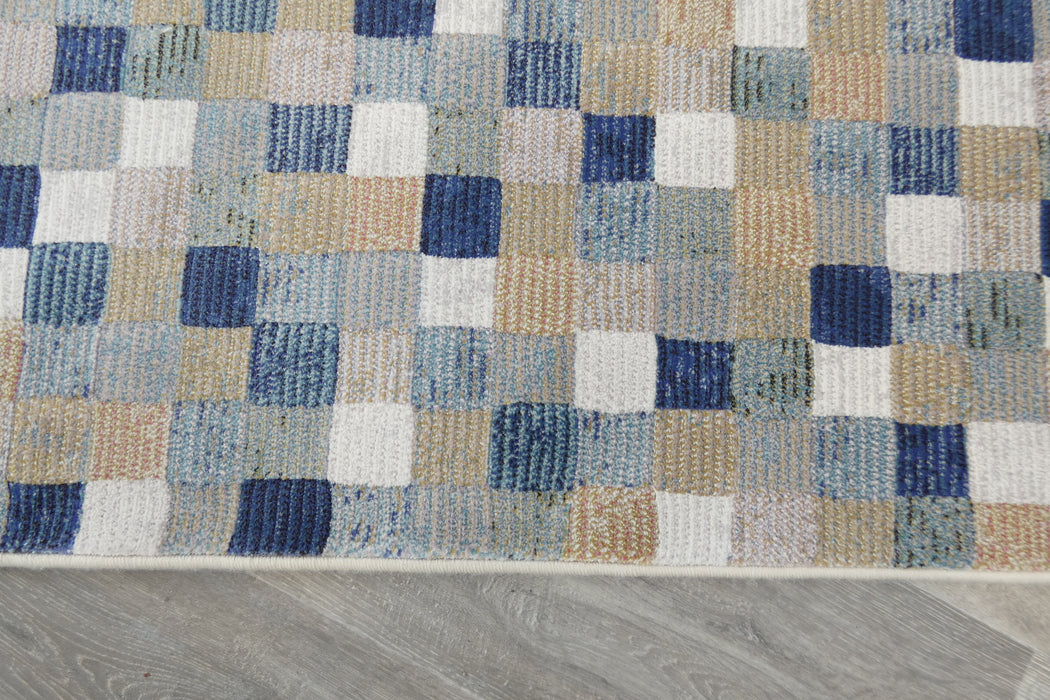 Modern Blue & Taupe Mosaic Tile Runner Argentum Hallway Runner Size: 80cm Wide x Cut to Order (63339-6121)- Rugs Direct 