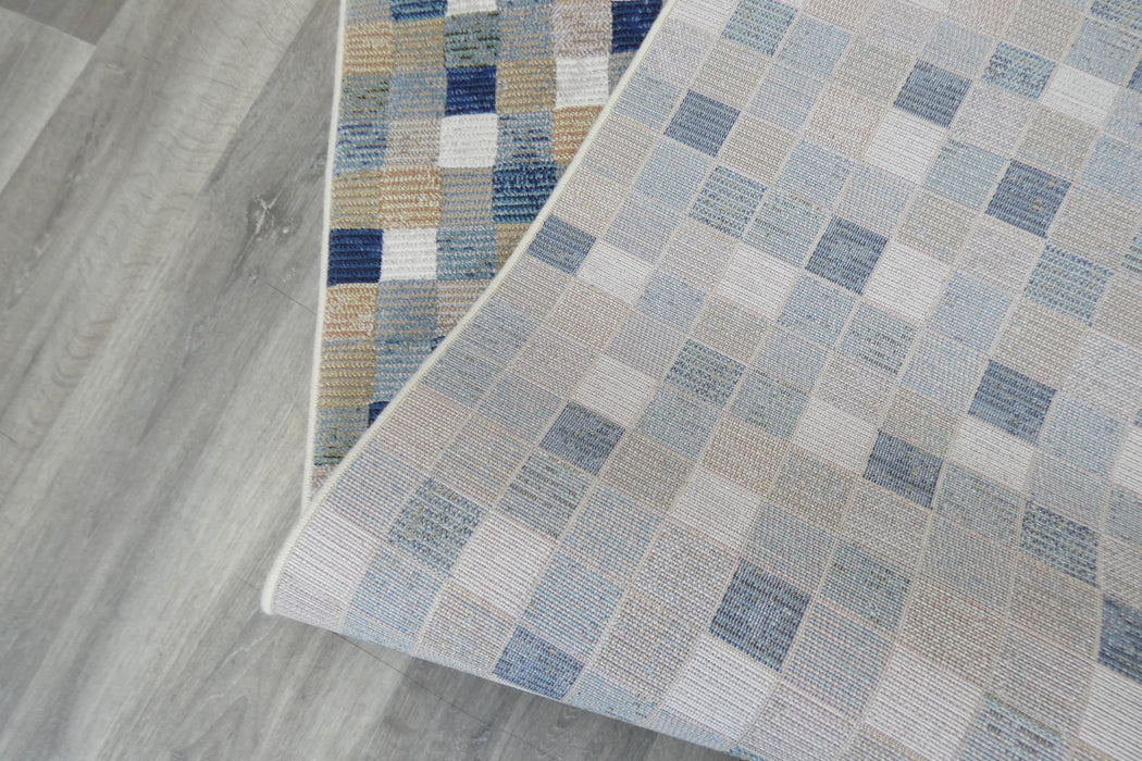 Modern Blue & Taupe Mosaic Tile Runner Argentum Hallway Runner Size: 80cm Wide x Cut to Order (63339-6121)- Rugs Direct 