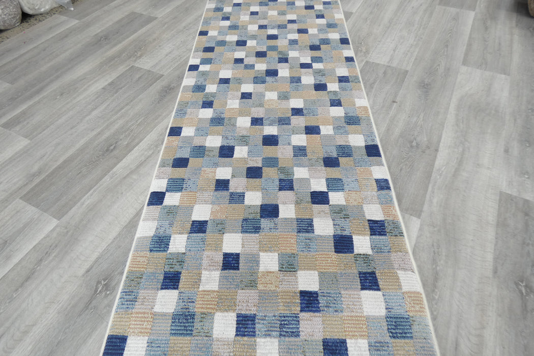 Modern Blue & Taupe Mosaic Tile Runner Argentum Hallway Runner Size: 80cm Wide x Cut to Order (63339-6121)- Rugs Direct 
