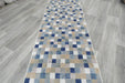 Modern Blue & Taupe Mosaic Tile Runner Argentum Hallway Runner Size: 80cm Wide x Cut to Order (63339-6121)- Rugs Direct 
