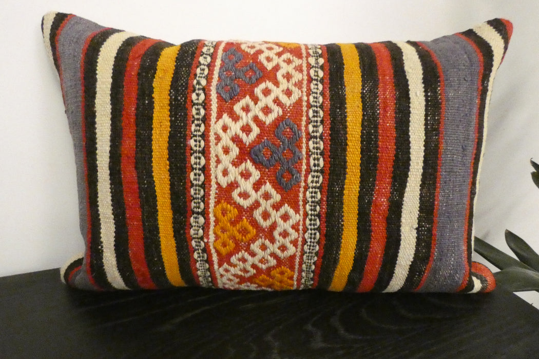 Handmade Anatolian Kilim Cushion Cover with Insert 40 x 60cm | Vintage Turkish Wool Lumbar Pillow | Organic Cotton Back | TK26-C1110- Rugs Direct NZ 