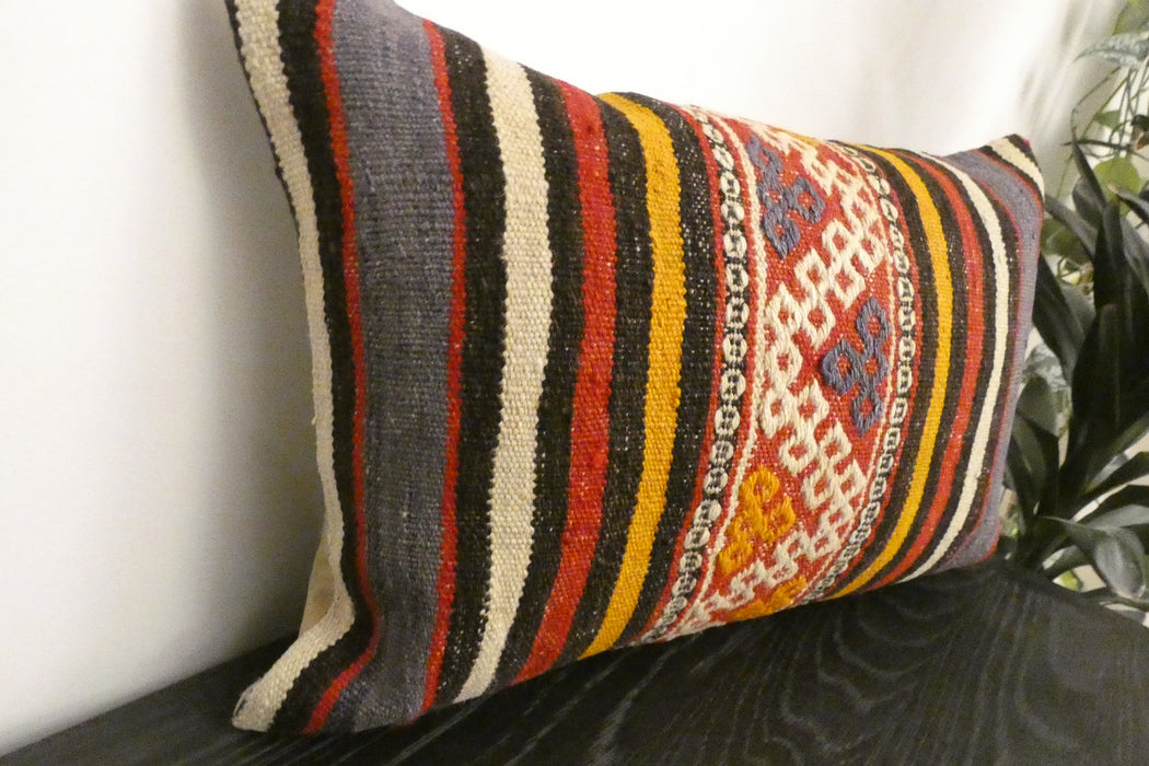 Handmade Anatolian Kilim Cushion Cover with Insert 40 x 60cm | Vintage Turkish Wool Lumbar Pillow | Organic Cotton Back | TK26-C1110- Rugs Direct NZ 