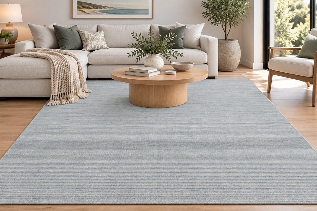 A large light blue-gray textured area rug in a modern living room setting with a beige sectional sofa, round wooden coffee table, and light wood flooring.
