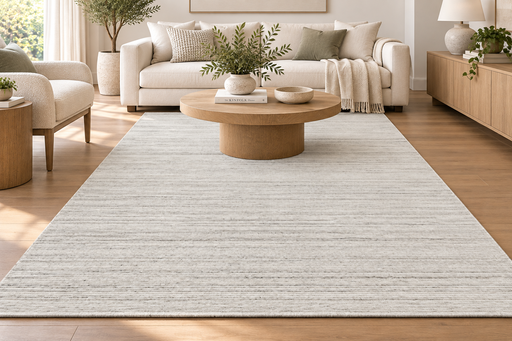A large rectangular area rug in a light gray and white textured pattern, shown in a bright, modern living room with a wooden coffee table, beige sofa, and wood flooring.