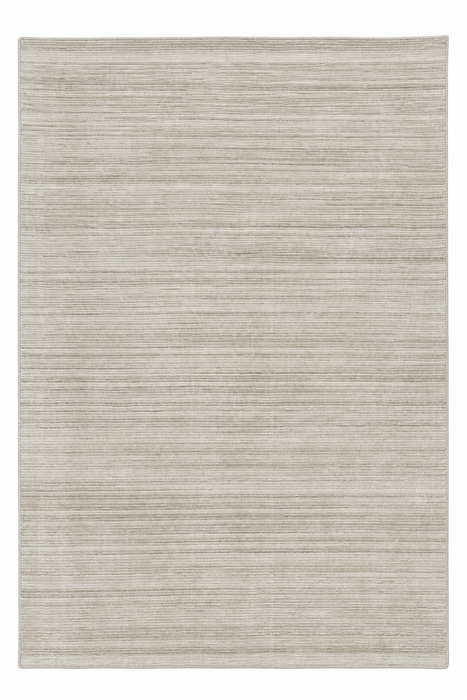 A rectangular area rug with a textured, horizontally ribbed pattern in a light beige and off-white color palette.