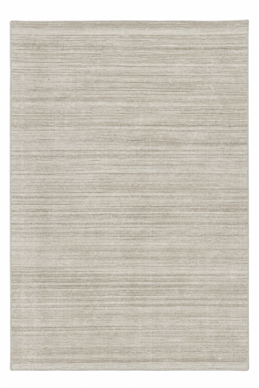 A rectangular area rug with a textured, horizontally ribbed pattern in a light beige and off-white color palette.