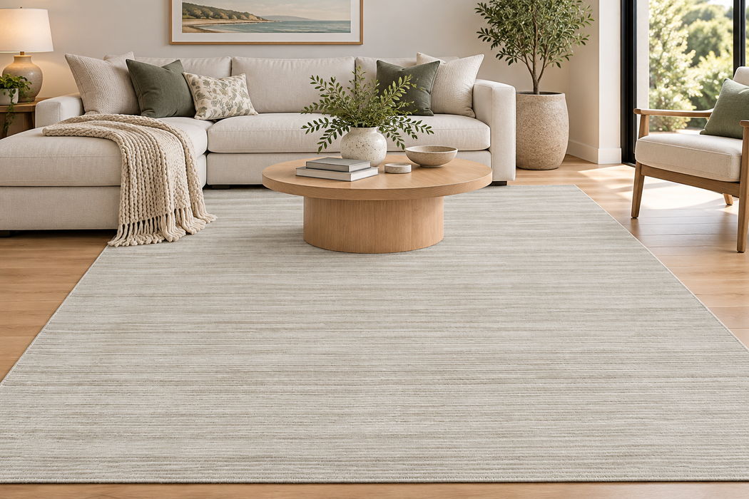 A large rectangular area rug in a light beige-gray tone with a subtle horizontal textured pattern, shown in a modern living room setting with a wooden coffee table, beige sectional sofa, and light wood flooring.
