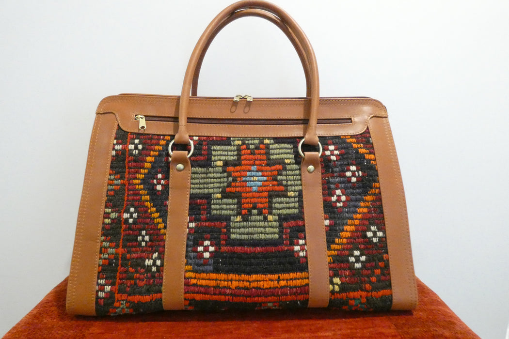 One-of-a-Kind Anatolian Kilim Leather Weekend Bag "Ronak"- Rugs Direct