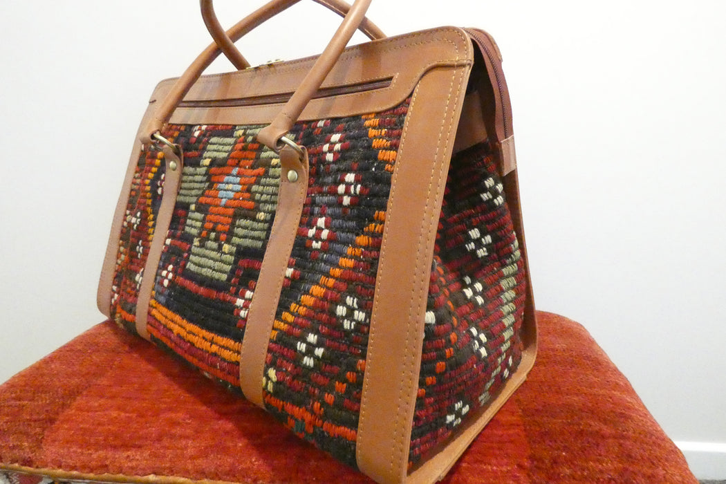 One-of-a-Kind Anatolian Kilim Leather Weekend Bag "Ronak"- Rugs Direct