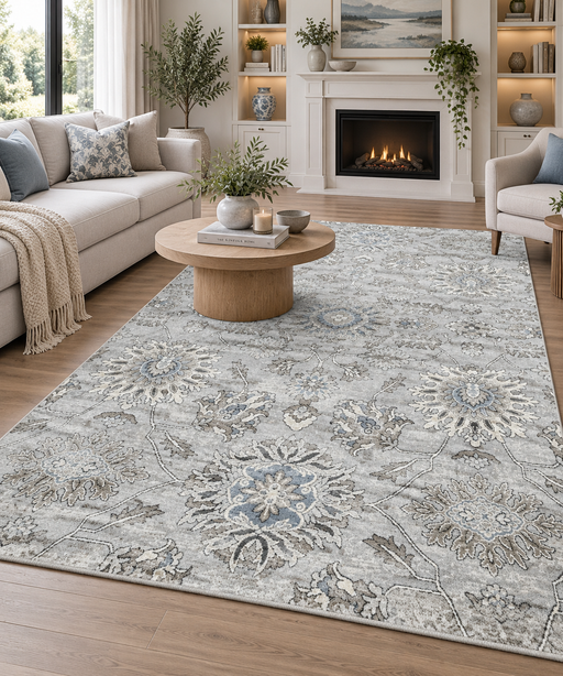 Serenity Bloom – Soft Blue & Silver Floral Rug- Rugs Direct NZ